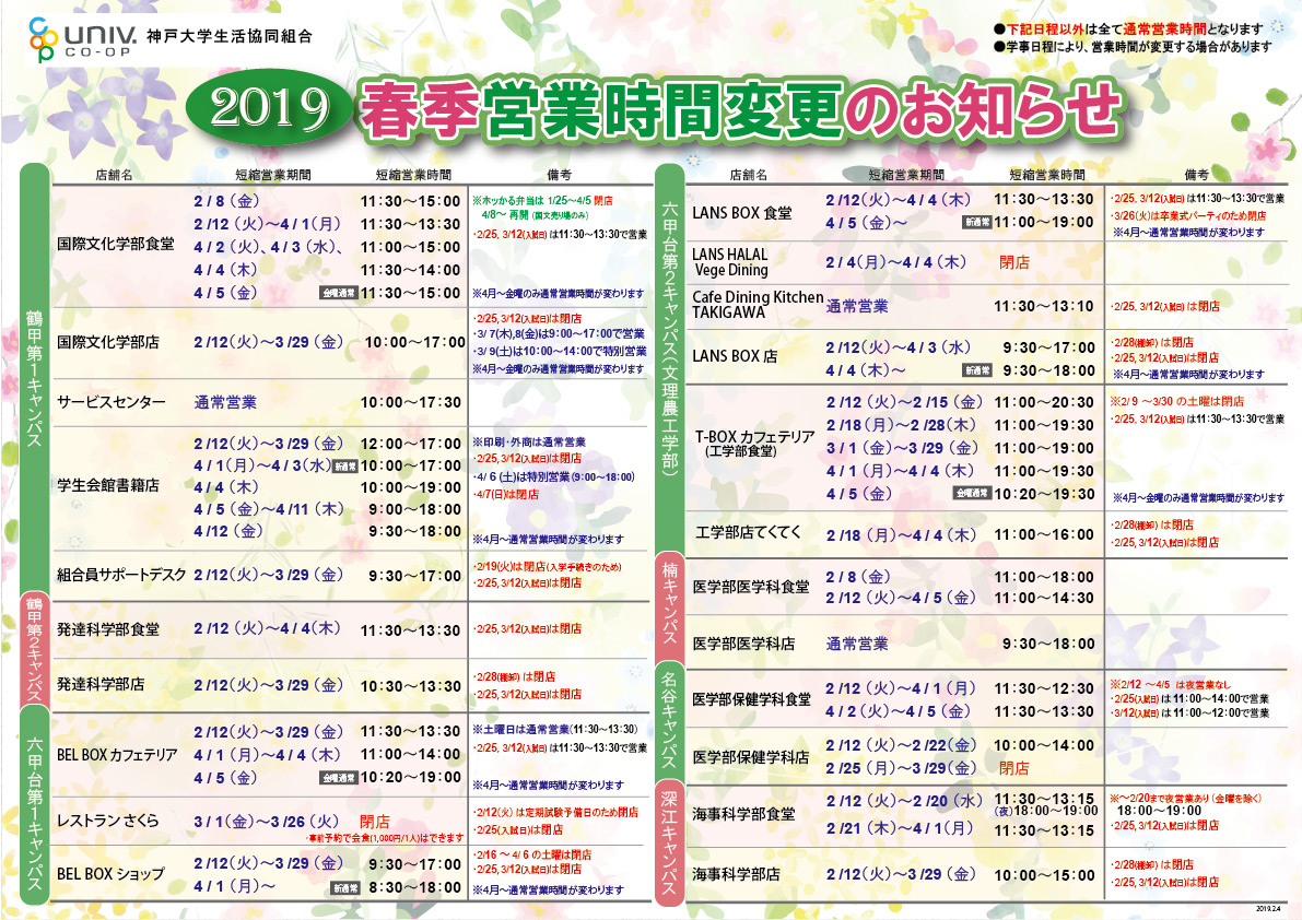 2月4日 4月12日 春期営業時間変更のお知らせ 神戸大学生活協同組合 発達科学部 人間発達環境学研究科