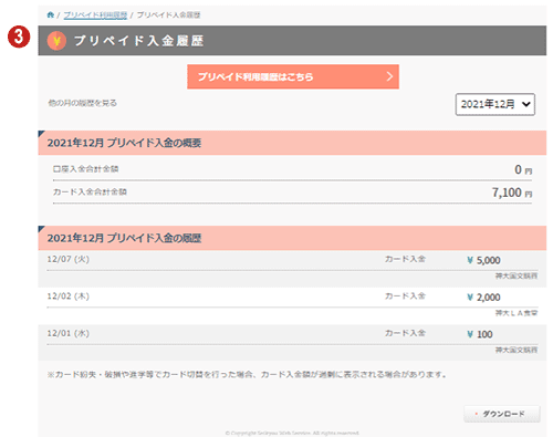 プリペイド入金履歴